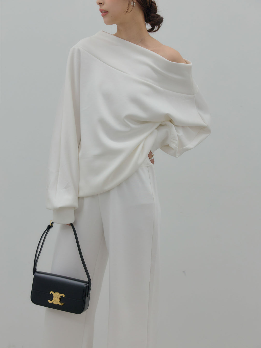 【SET】ワンショルダールーズスムーストップス+ハイウエストスムースパンツ(2set)