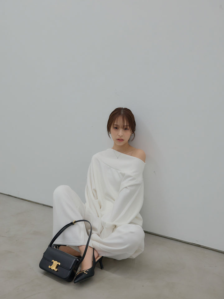 【SET】ワンショルダールーズスムーストップス+ハイウエストスムースパンツ(2set)