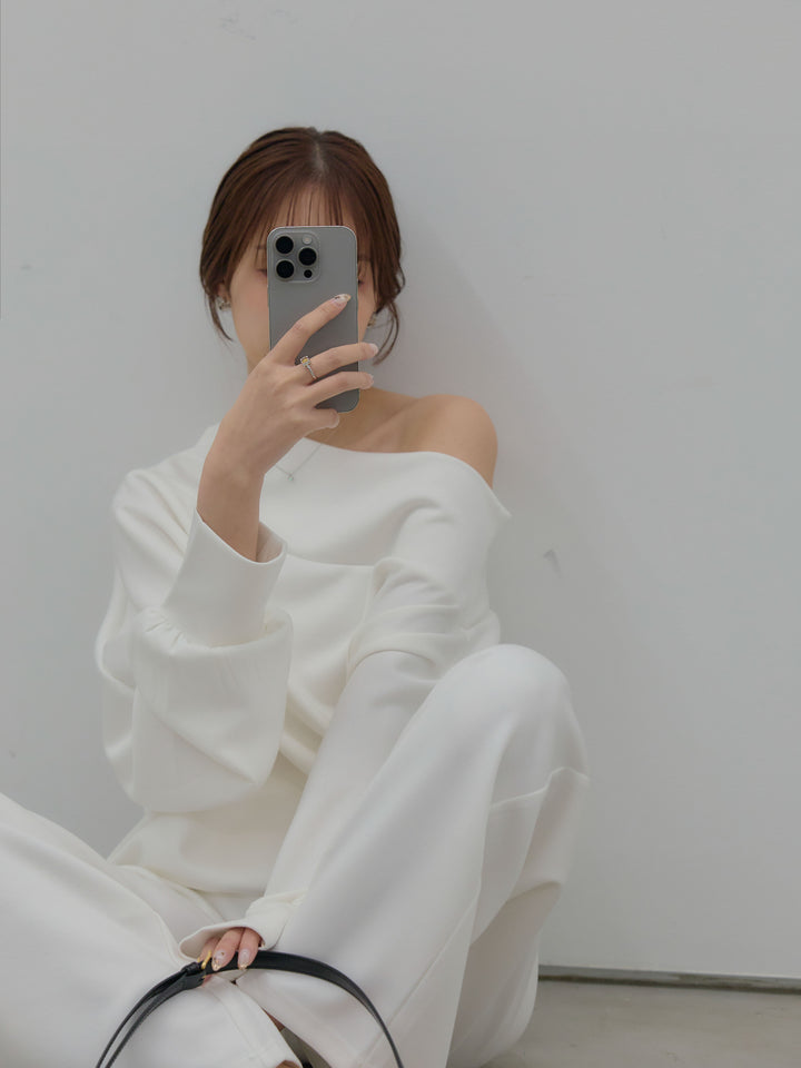 【SET】ワンショルダールーズスムーストップス+ハイウエストスムースパンツ(2set)