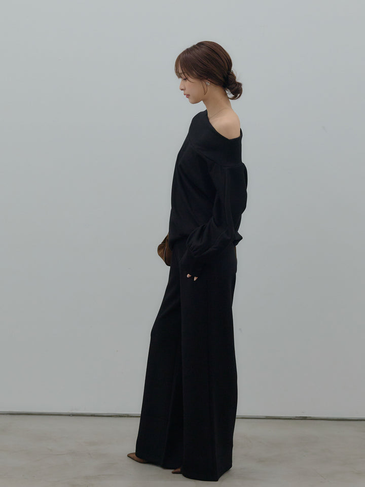 【SET】ワンショルダールーズスムーストップス+ハイウエストスムースパンツ(2set)