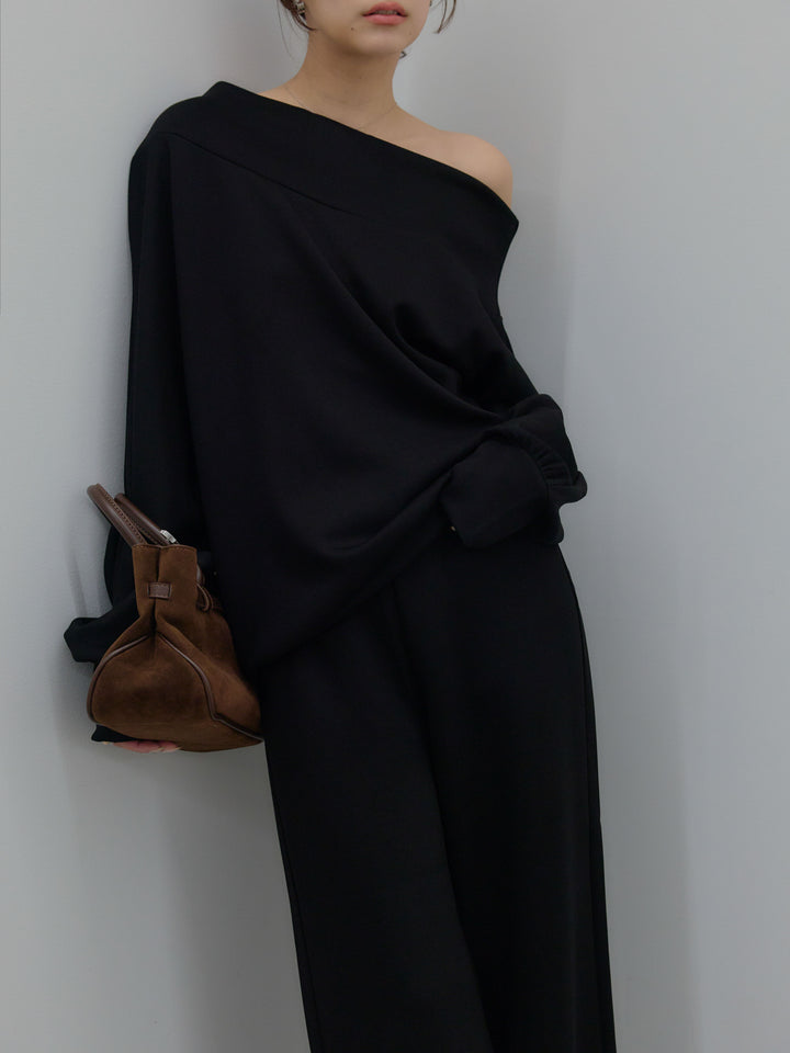 【SET】ワンショルダールーズスムーストップス+ハイウエストスムースパンツ(2set)