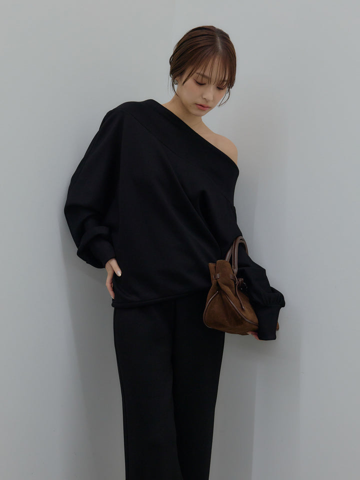 【SET】ワンショルダールーズスムーストップス+ハイウエストスムースパンツ(2set)