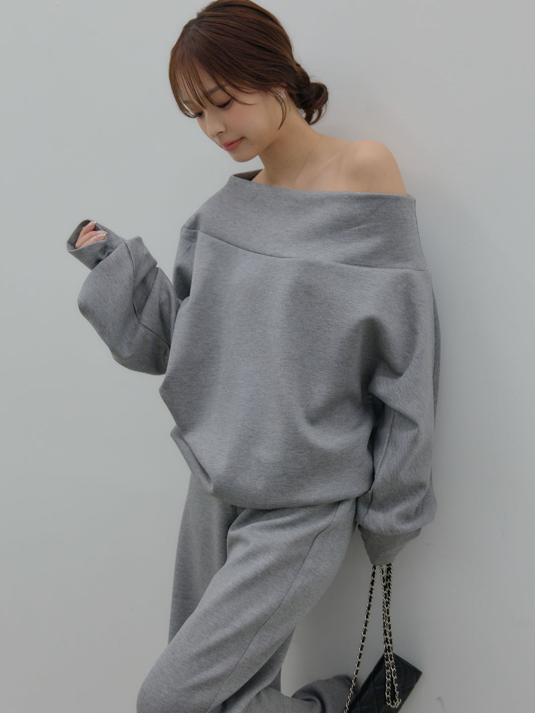 【SET】ワンショルダールーズスムーストップス+ハイウエストスムースパンツ(2set)