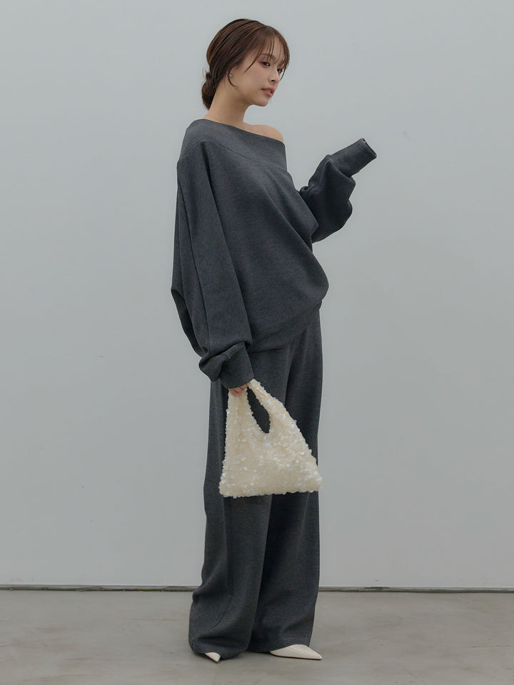 【SET】ワンショルダールーズスムーストップス+ハイウエストスムースパンツ(2set)