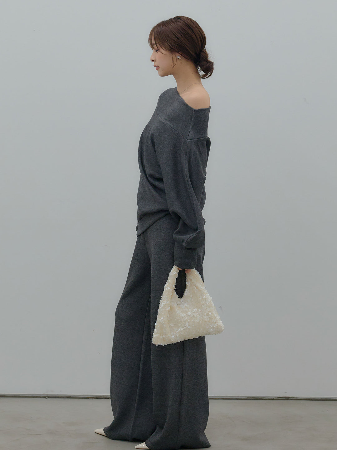 【SET】ワンショルダールーズスムーストップス+ハイウエストスムースパンツ(2set)