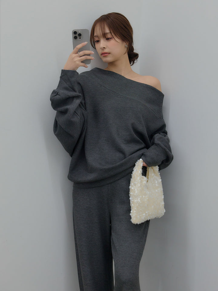 【SET】ワンショルダールーズスムーストップス+ハイウエストスムースパンツ(2set)