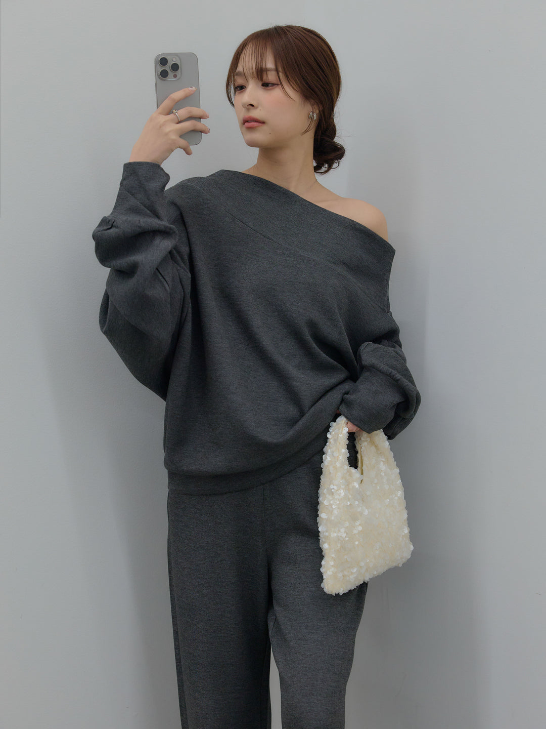 【SET】ワンショルダールーズスムーストップス+ハイウエストスムースパンツ(2set)