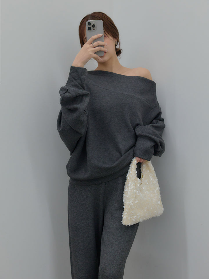 【SET】ワンショルダールーズスムーストップス+ハイウエストスムースパンツ(2set)