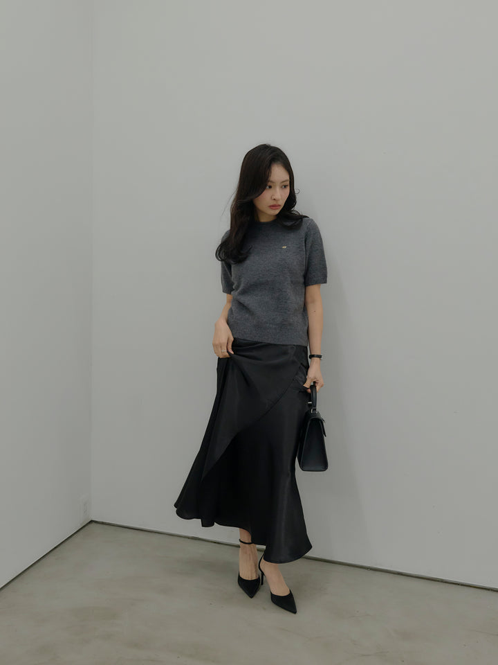 【SET】GOLD PLATE起毛ハーフニットトップス+【Essential】Wrap design satin mermaid skirt(2set)