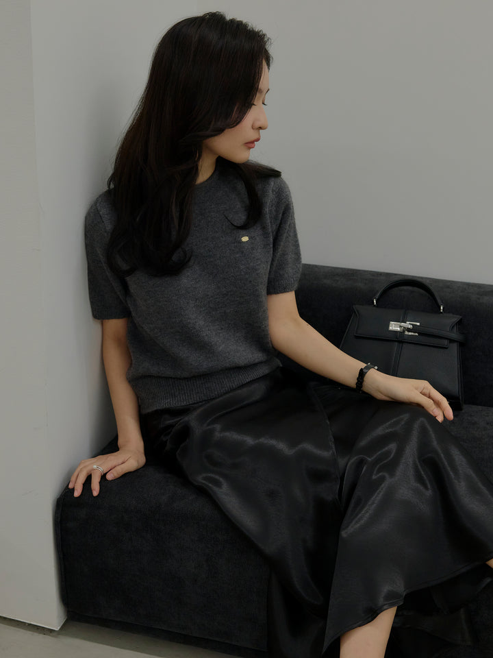 【SET】GOLD PLATE起毛ハーフニットトップス+【Essential】Wrap design satin mermaid skirt(2set)