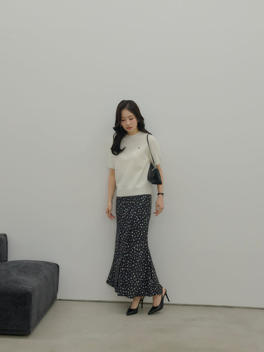 【SET】GOLD PLATE起毛ハーフニットトップス+【Essential】Wrap design satin mermaid skirt(2set)