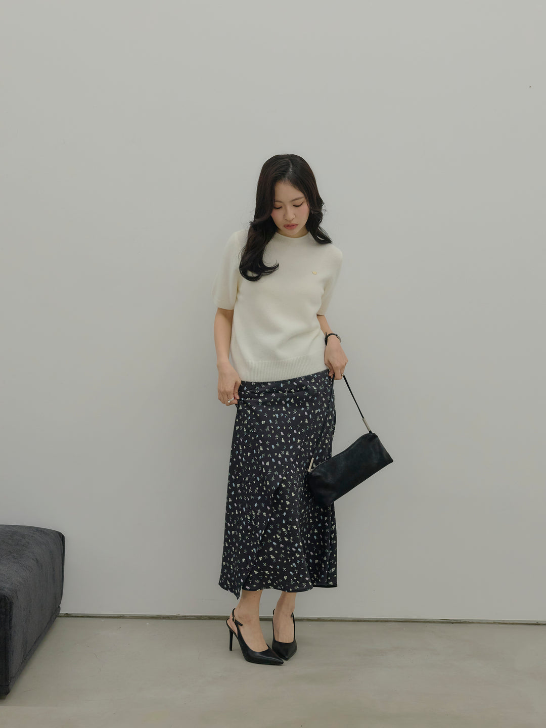 【SET】GOLD PLATE起毛ハーフニットトップス+【Essential】Wrap design satin mermaid skirt(2set)