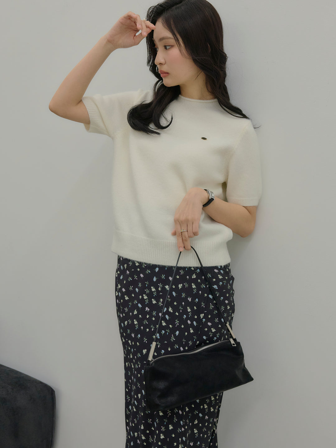 【SET】GOLD PLATE起毛ハーフニットトップス+【Essential】Wrap design satin mermaid skirt(2set)