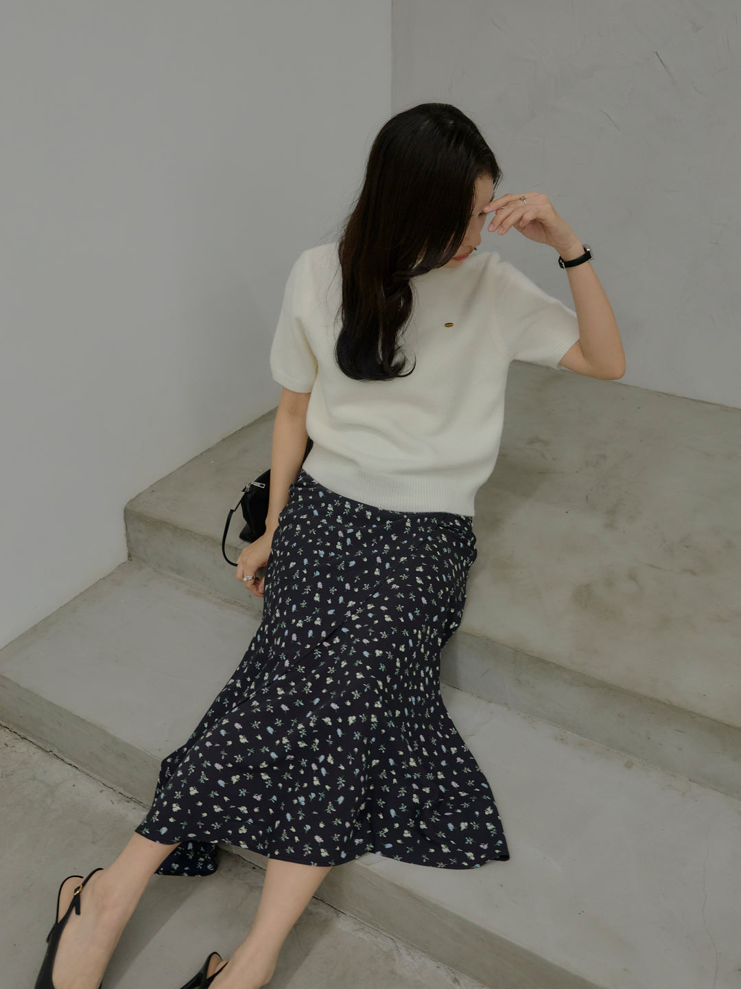 【SET】GOLD PLATE起毛ハーフニットトップス+【Essential】Wrap design satin mermaid skirt(2set)