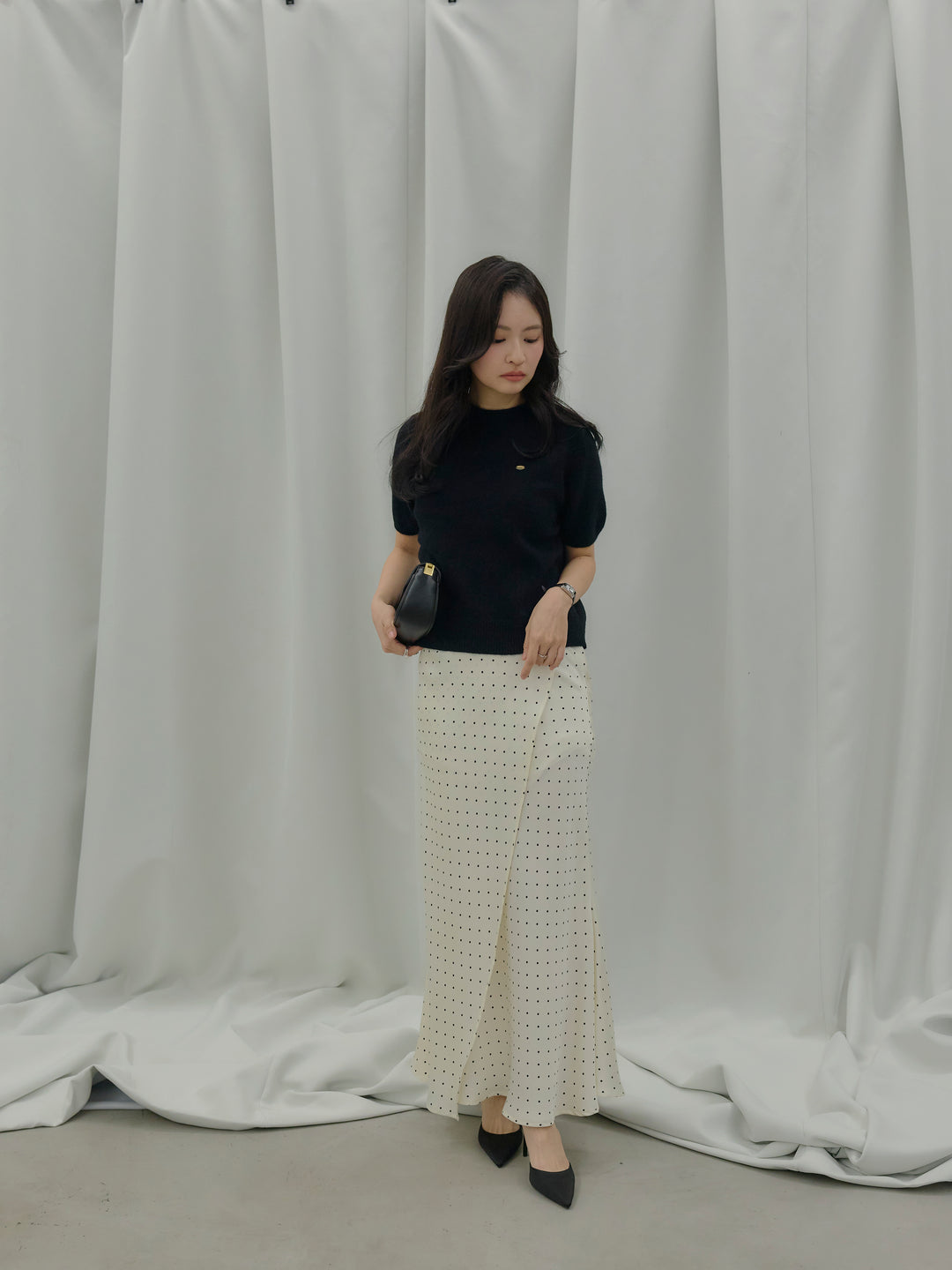 【SET】GOLD PLATE起毛ハーフニットトップス+【Essential】Wrap design satin mermaid skirt(2set)