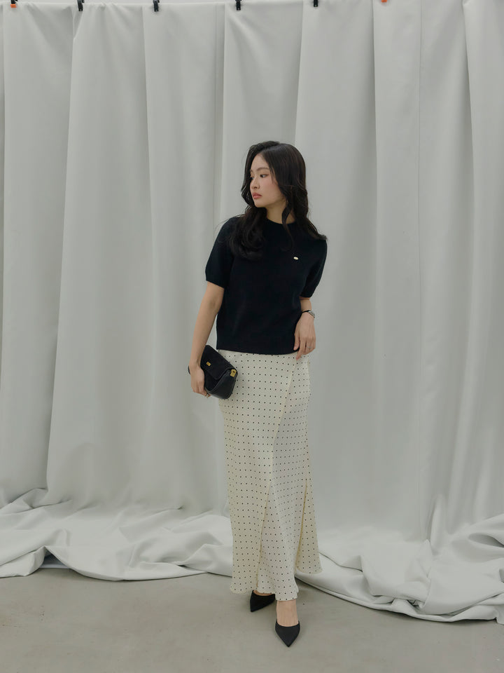 【SET】GOLD PLATE起毛ハーフニットトップス+【Essential】Wrap design satin mermaid skirt(2set)