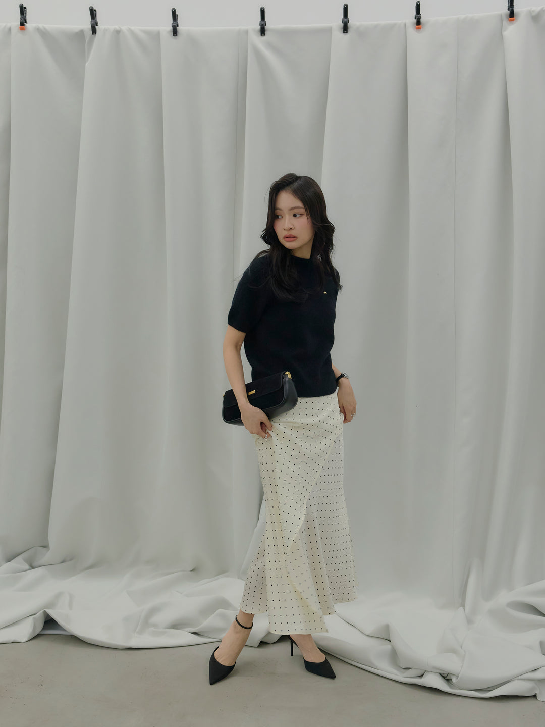 【SET】GOLD PLATE起毛ハーフニットトップス+【Essential】Wrap design satin mermaid skirt(2set)