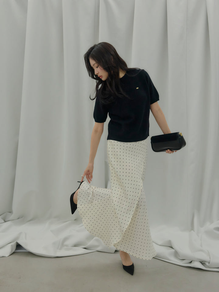 【SET】GOLD PLATE起毛ハーフニットトップス+【Essential】Wrap design satin mermaid skirt(2set)