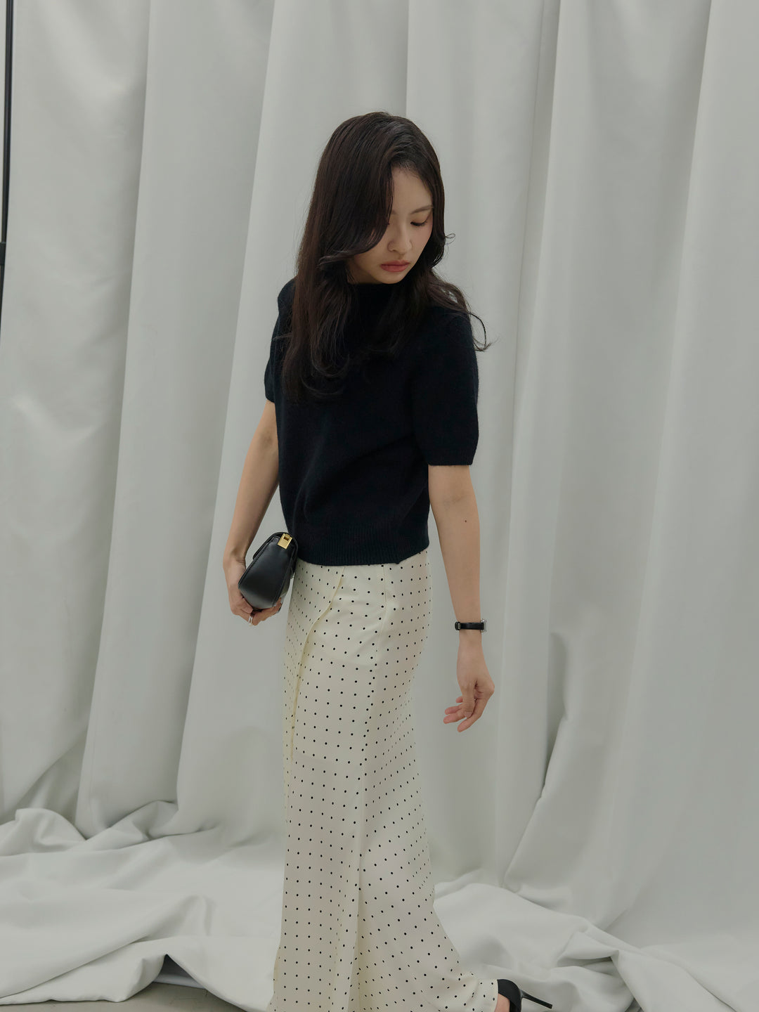 【SET】GOLD PLATE起毛ハーフニットトップス+【Essential】Wrap design satin mermaid skirt(2set)