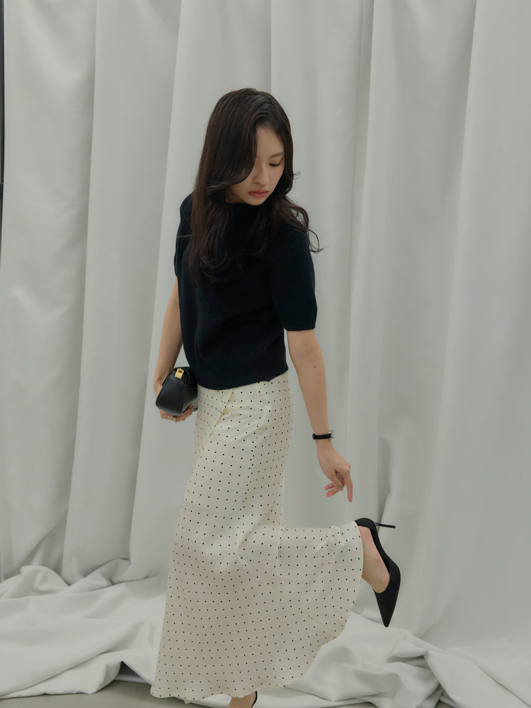 【SET】GOLD PLATE起毛ハーフニットトップス+【Essential】Wrap design satin mermaid skirt(2set)