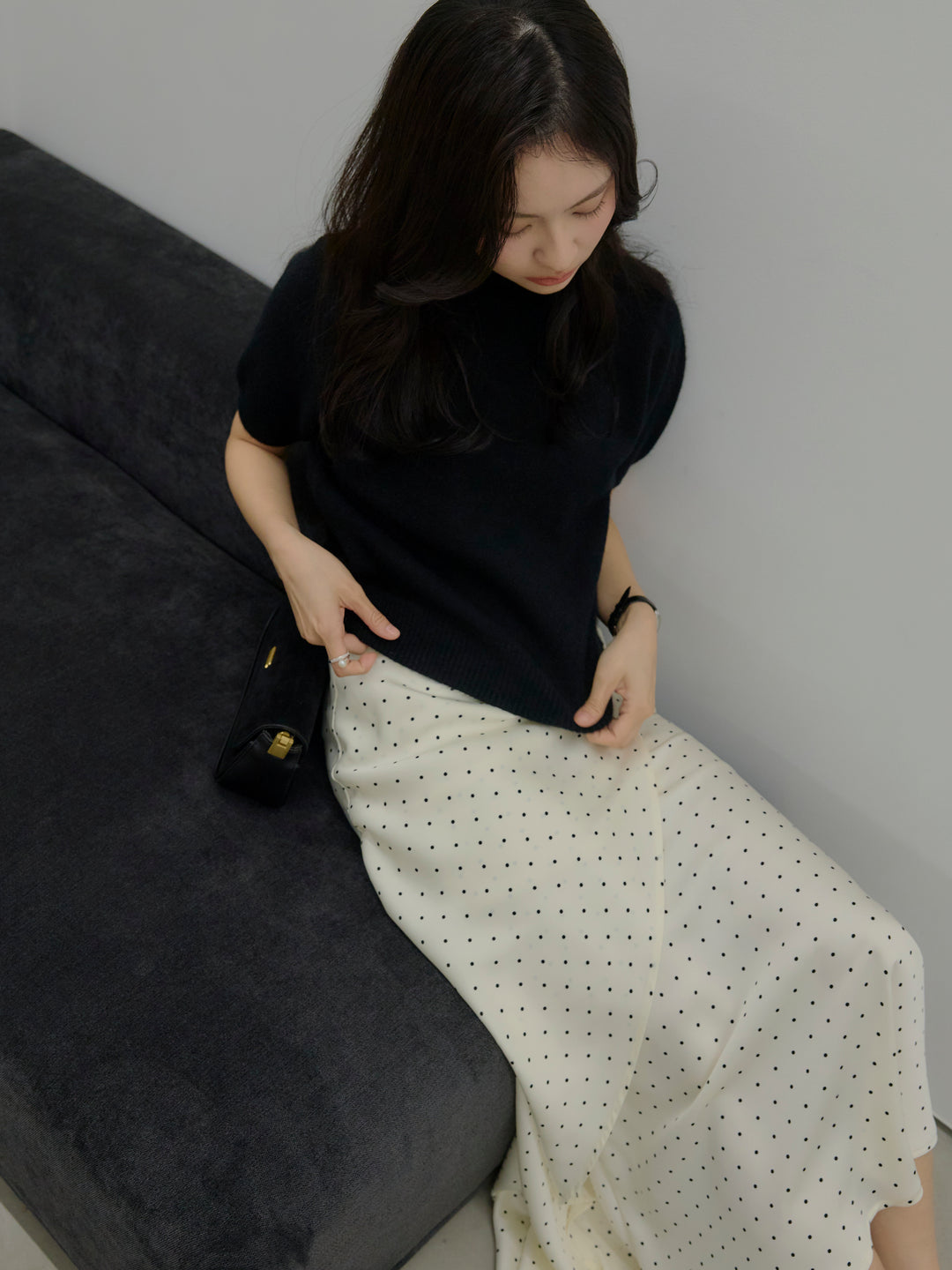 【SET】GOLD PLATE起毛ハーフニットトップス+【Essential】Wrap design satin mermaid skirt(2set)