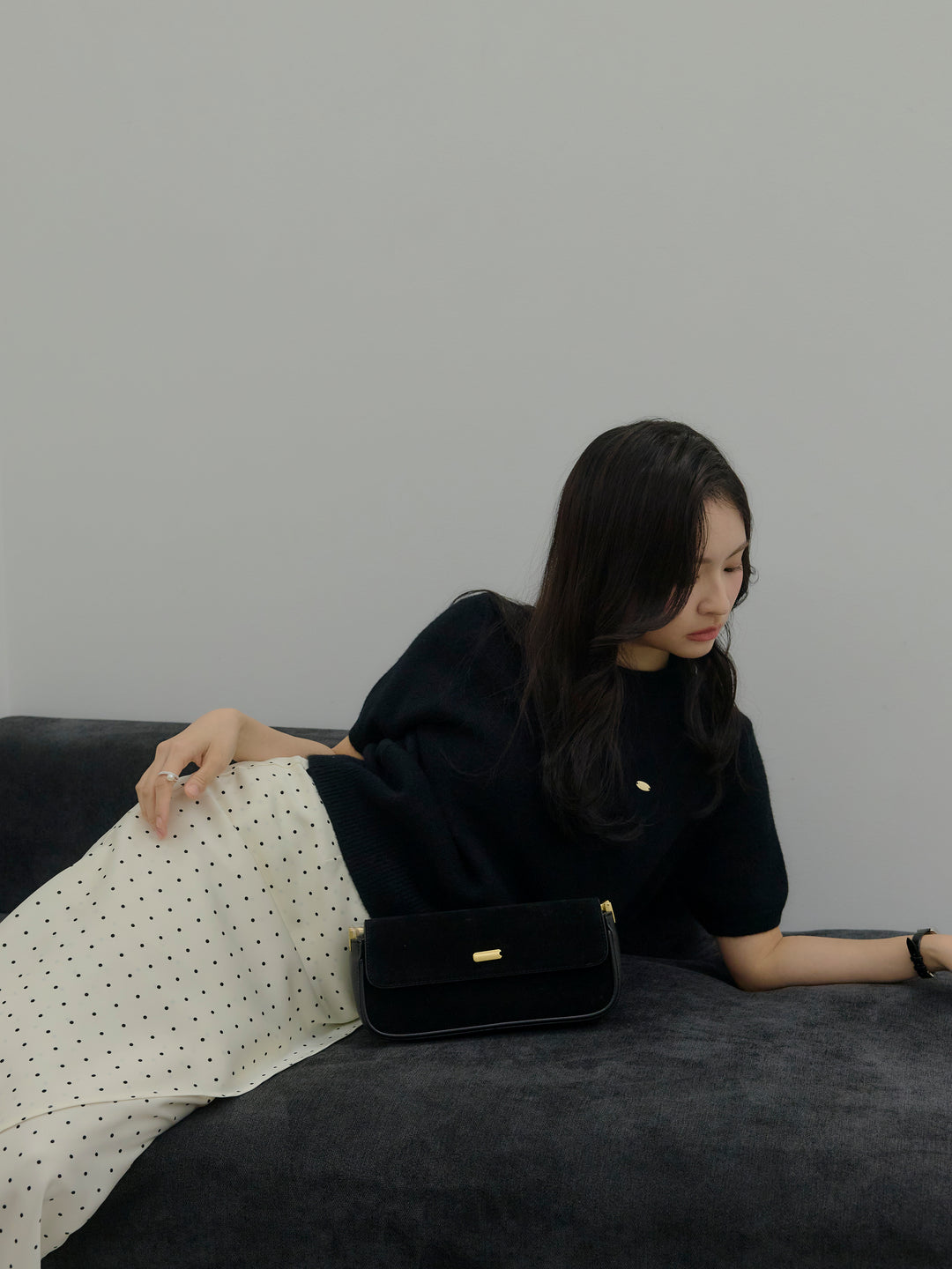 【SET】GOLD PLATE起毛ハーフニットトップス+【Essential】Wrap design satin mermaid skirt(2set)