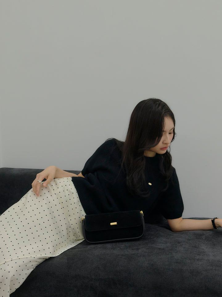 【SET】GOLD PLATE起毛ハーフニットトップス+【Essential】Wrap design satin mermaid skirt(2set)