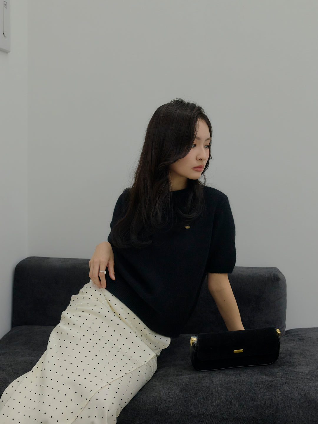 【SET】GOLD PLATE起毛ハーフニットトップス+【Essential】Wrap design satin mermaid skirt(2set)