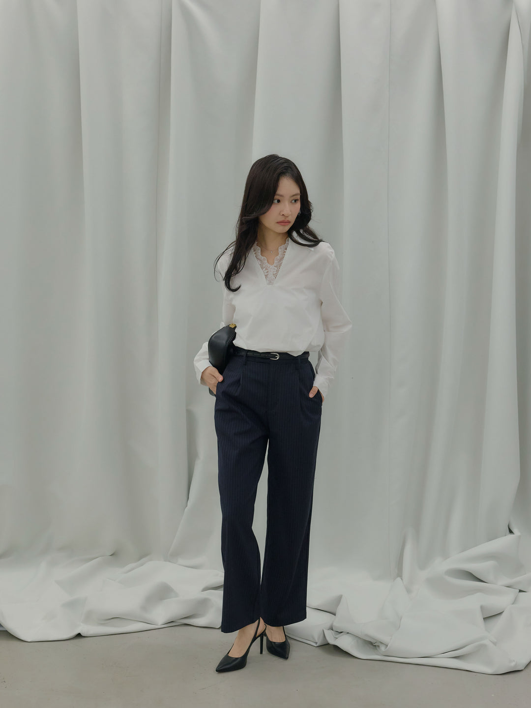 【SET】レース襟ドッキングシャツ+【Essential】Authentic straight pants(2set)