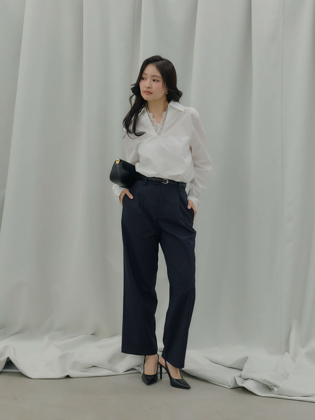 【SET】レース襟ドッキングシャツ+【Essential】Authentic straight pants(2set)