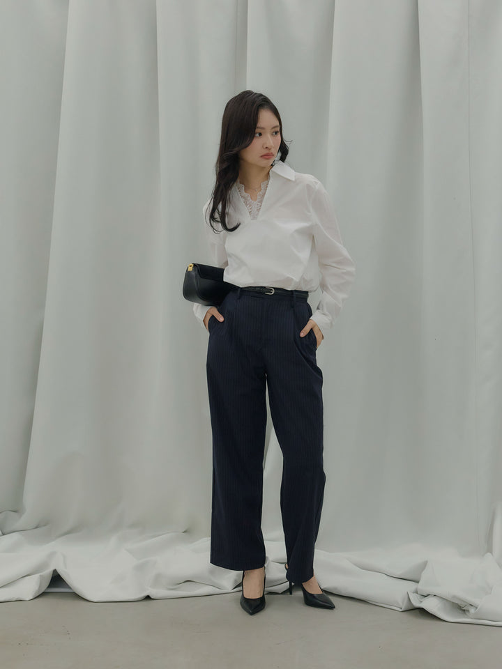 【SET】レース襟ドッキングシャツ+【Essential】Authentic straight pants(2set)