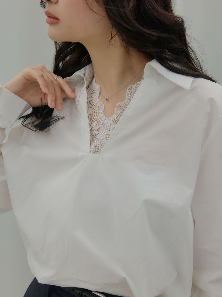 【SET】レース襟ドッキングシャツ+【Essential】Authentic straight pants(2set)