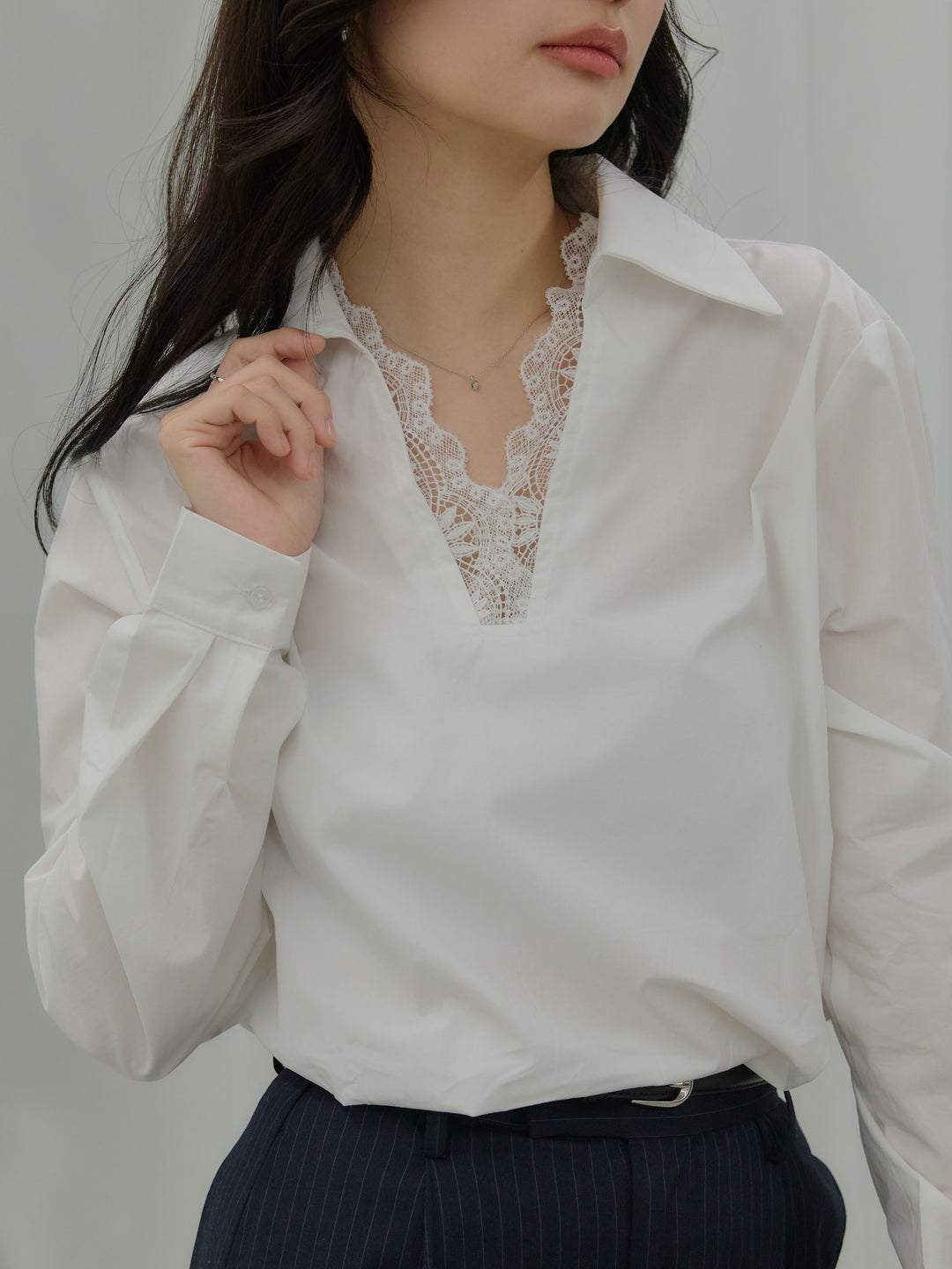 【SET】レース襟ドッキングシャツ+【Essential】Authentic straight pants(2set)