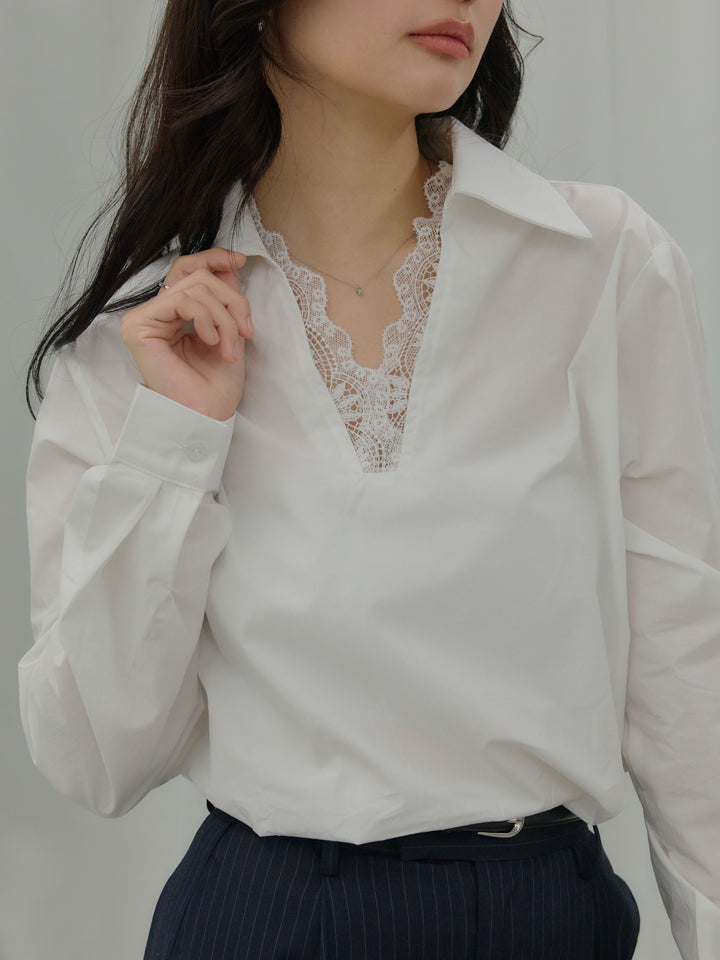 【SET】レース襟ドッキングシャツ+【Essential】Authentic straight pants(2set)