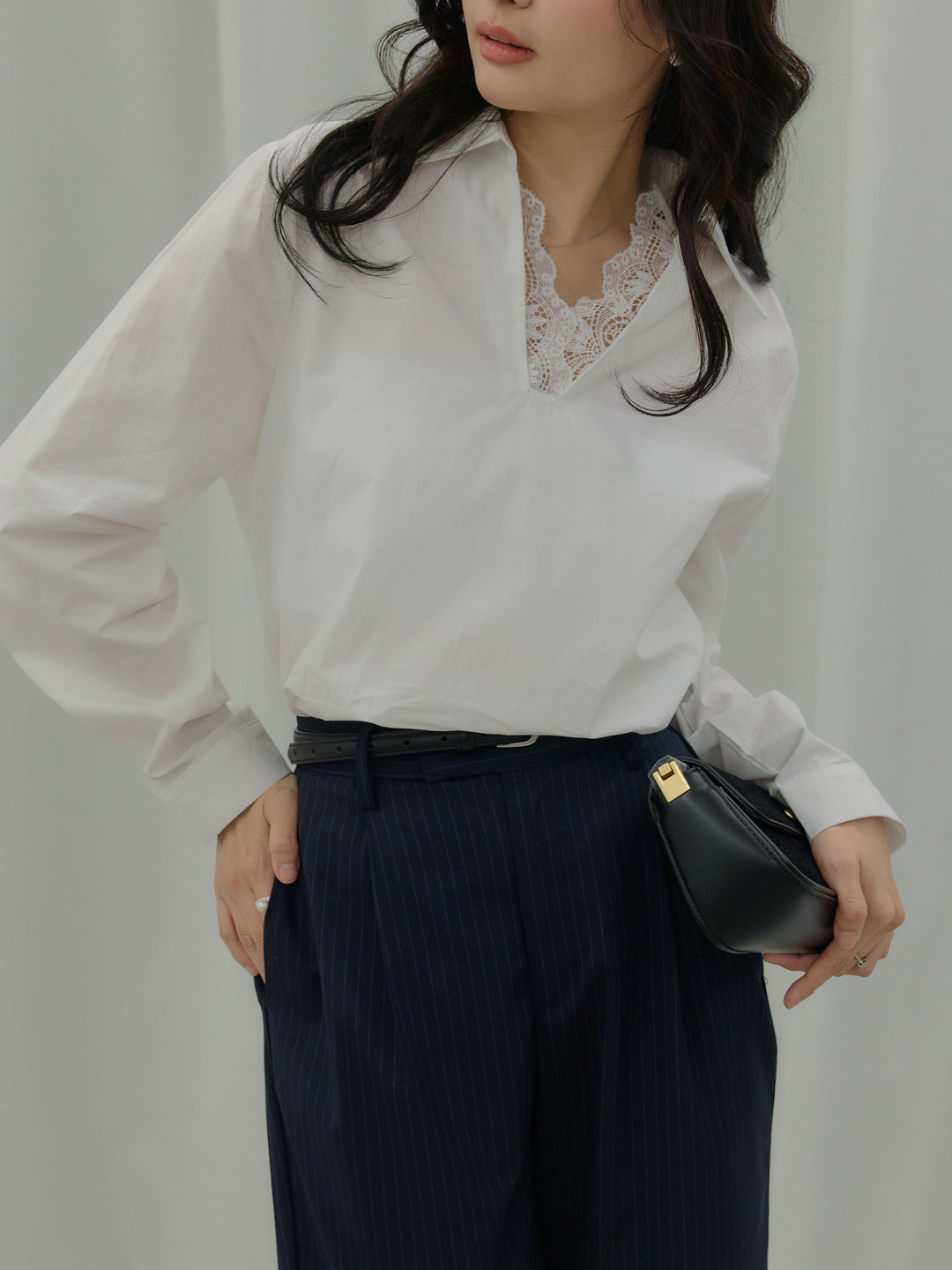 【SET】レース襟ドッキングシャツ+【Essential】Authentic straight pants(2set)