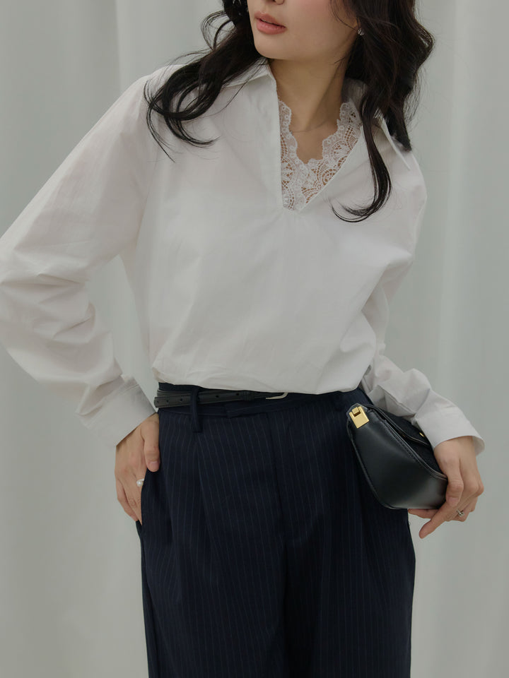 【SET】レース襟ドッキングシャツ+【Essential】Authentic straight pants(2set)