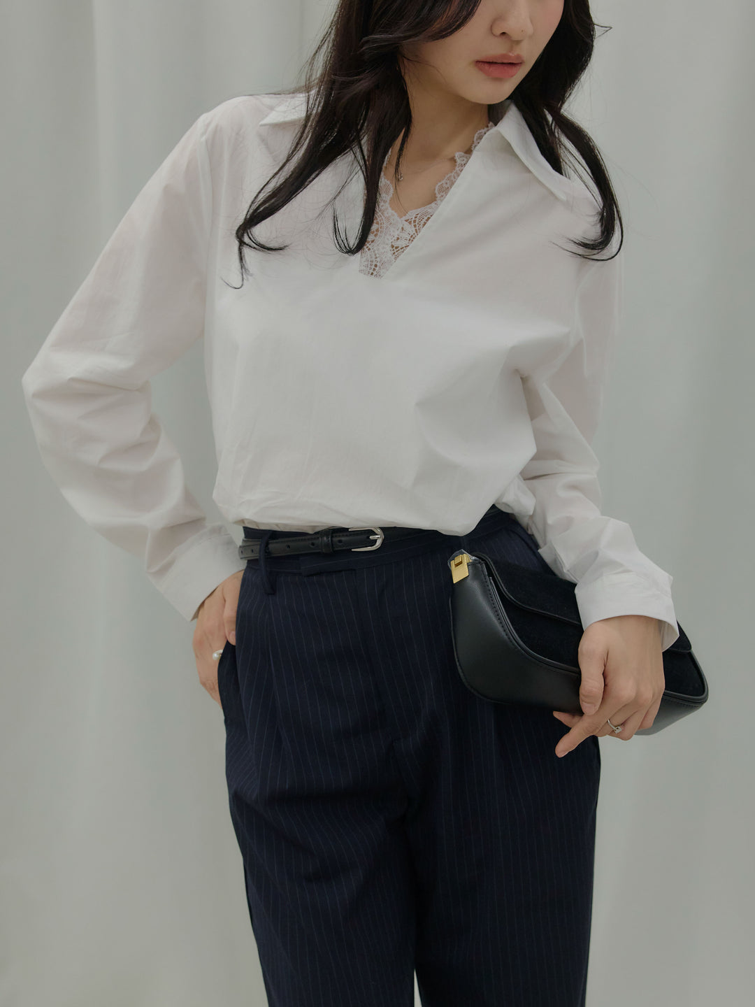 【SET】レース襟ドッキングシャツ+【Essential】Authentic straight pants(2set)