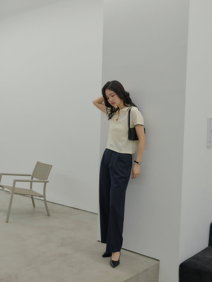 【SET】配色ポロハーフニットトップス+【Essential】Authentic straight pants(2set)