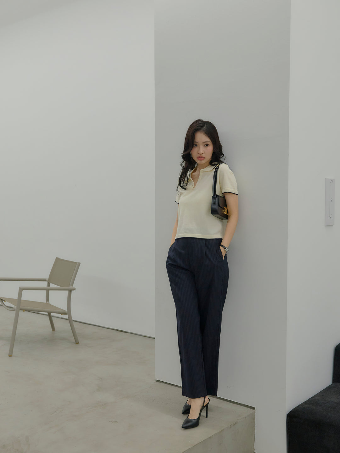 【SET】配色ポロハーフニットトップス+【Essential】Authentic straight pants(2set)