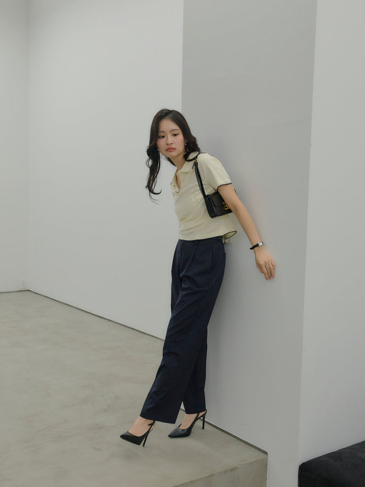 【SET】配色ポロハーフニットトップス+【Essential】Authentic straight pants(2set)
