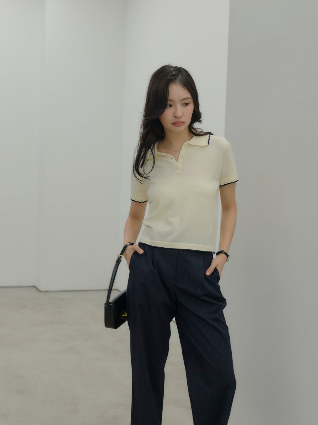 【SET】配色ポロハーフニットトップス+【Essential】Authentic straight pants(2set)