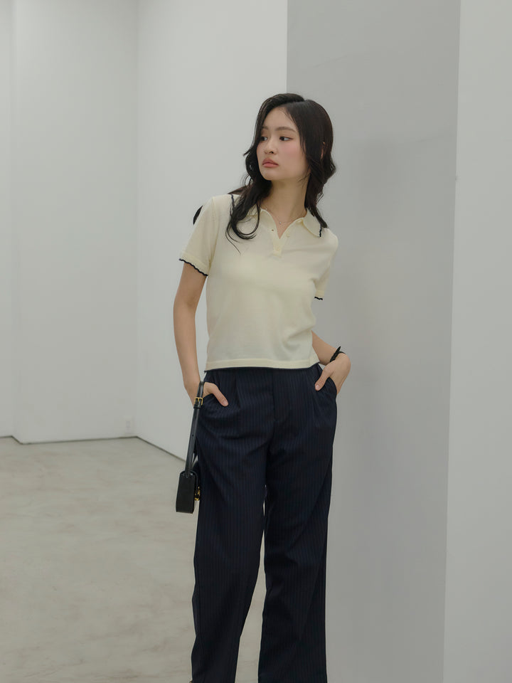 【SET】配色ポロハーフニットトップス+【Essential】Authentic straight pants(2set)