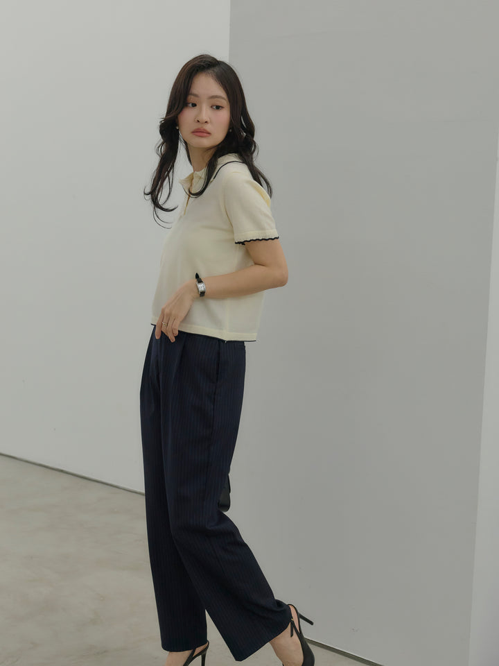 【SET】配色ポロハーフニットトップス+【Essential】Authentic straight pants(2set)