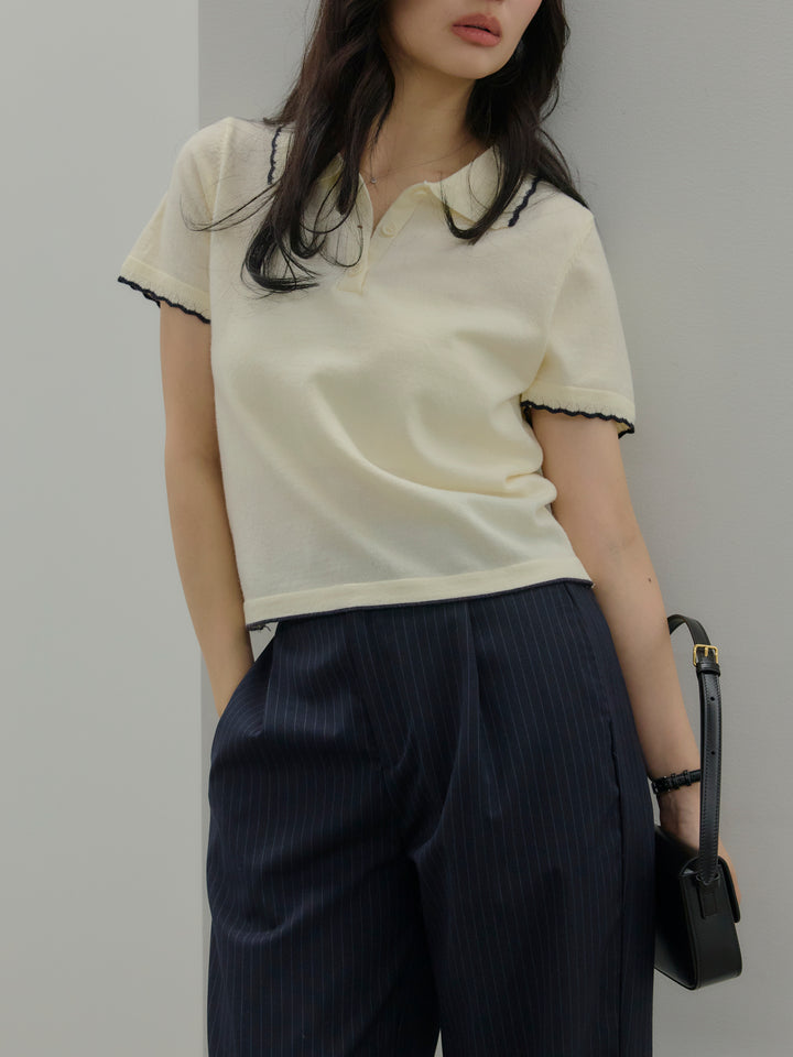 【SET】配色ポロハーフニットトップス+【Essential】Authentic straight pants(2set)