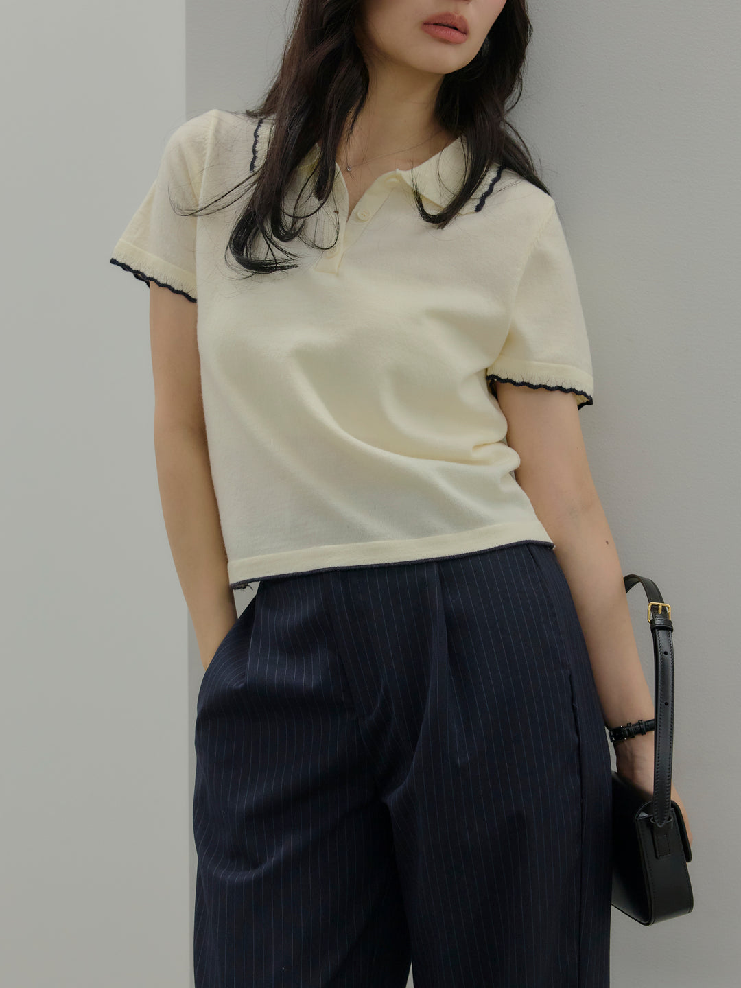 配色ポロハーフニットトップス