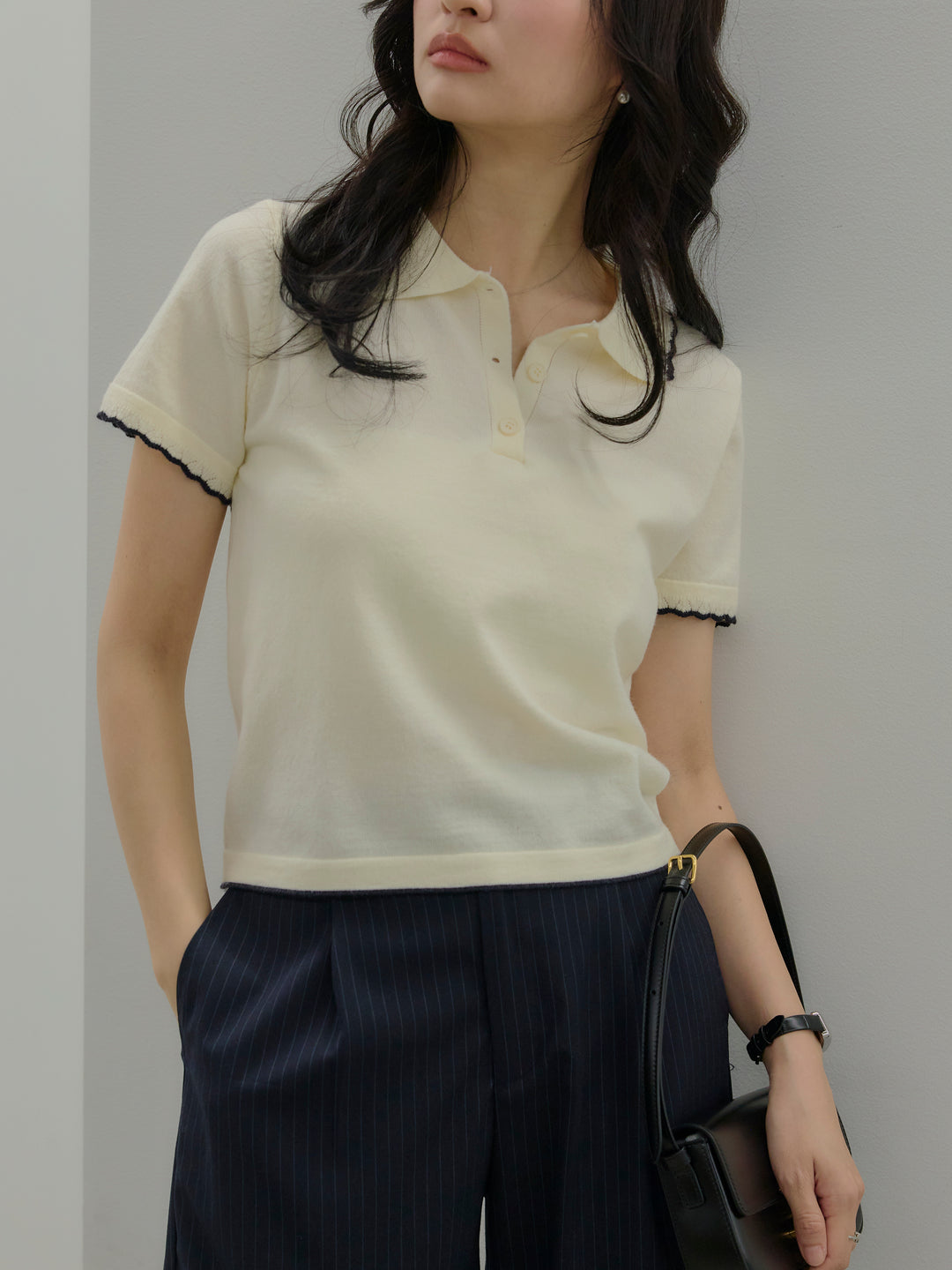 【SET】配色ポロハーフニットトップス+【Essential】Authentic straight pants(2set)