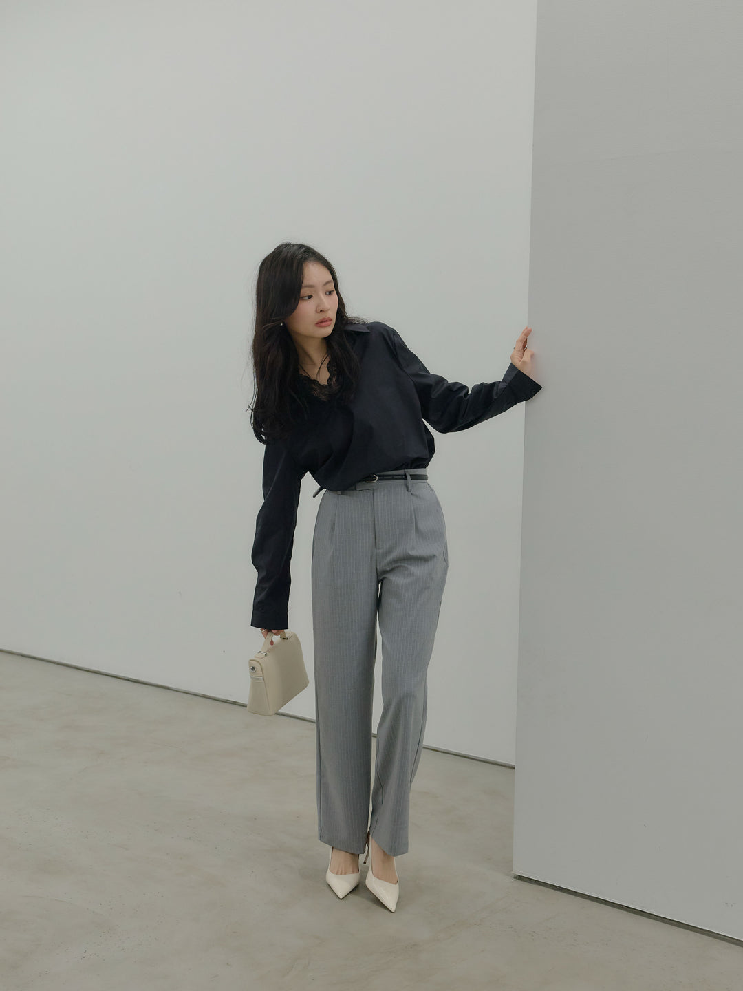 【SET】レース襟ドッキングシャツ+【Essential】Authentic straight pants(2set)