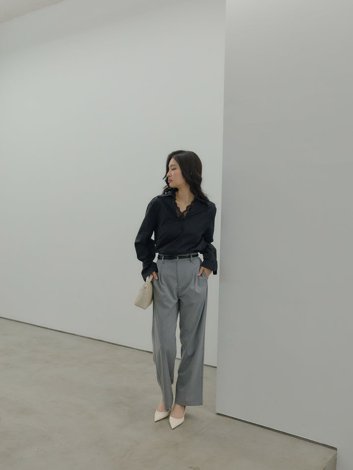 【SET】レース襟ドッキングシャツ+【Essential】Authentic straight pants(2set)