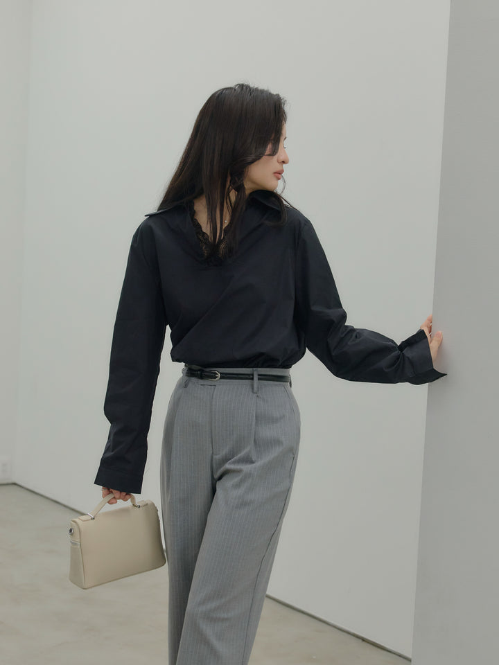 【SET】レース襟ドッキングシャツ+【Essential】Authentic straight pants(2set)