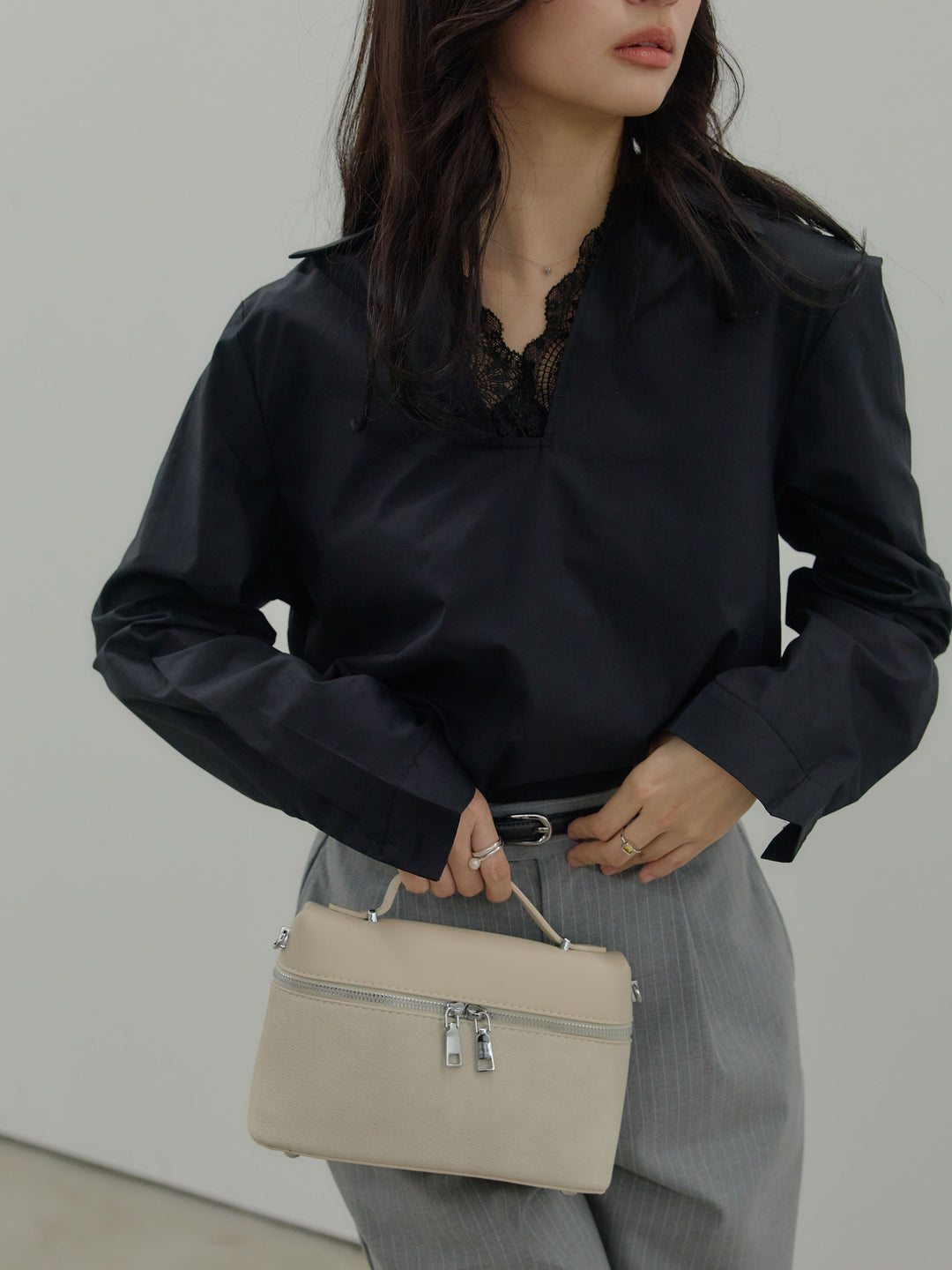 【SET】レース襟ドッキングシャツ+【Essential】Authentic straight pants(2set)